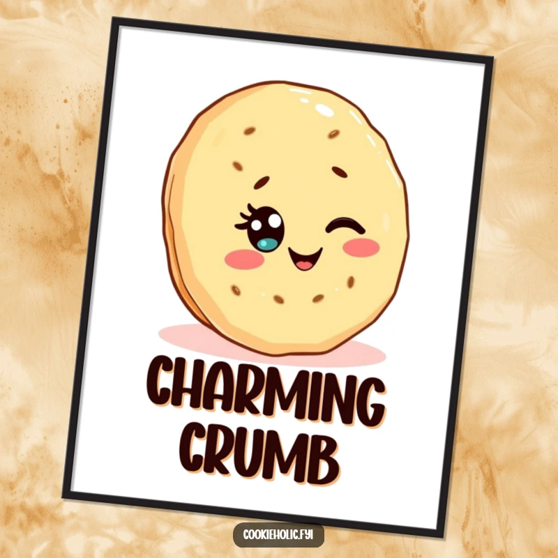 Funny digital art print of a Kawaii shortbread cookie character winking with a sprinkle eye, symbolizing sweet charm and humor.