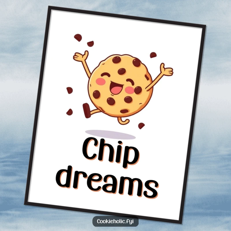 Funny digital art print of a chocolate chip cookie captured in a thrilling, joyful leap.