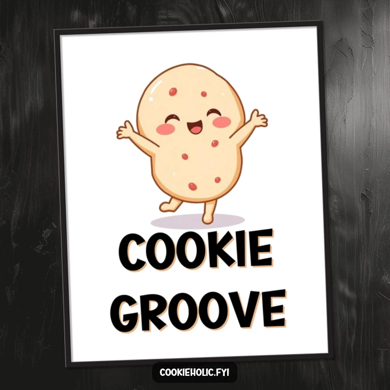 Funny digital art print of a delighted sugar cookie performing a tiny, energetic dance, adding whimsical and joyful decor.