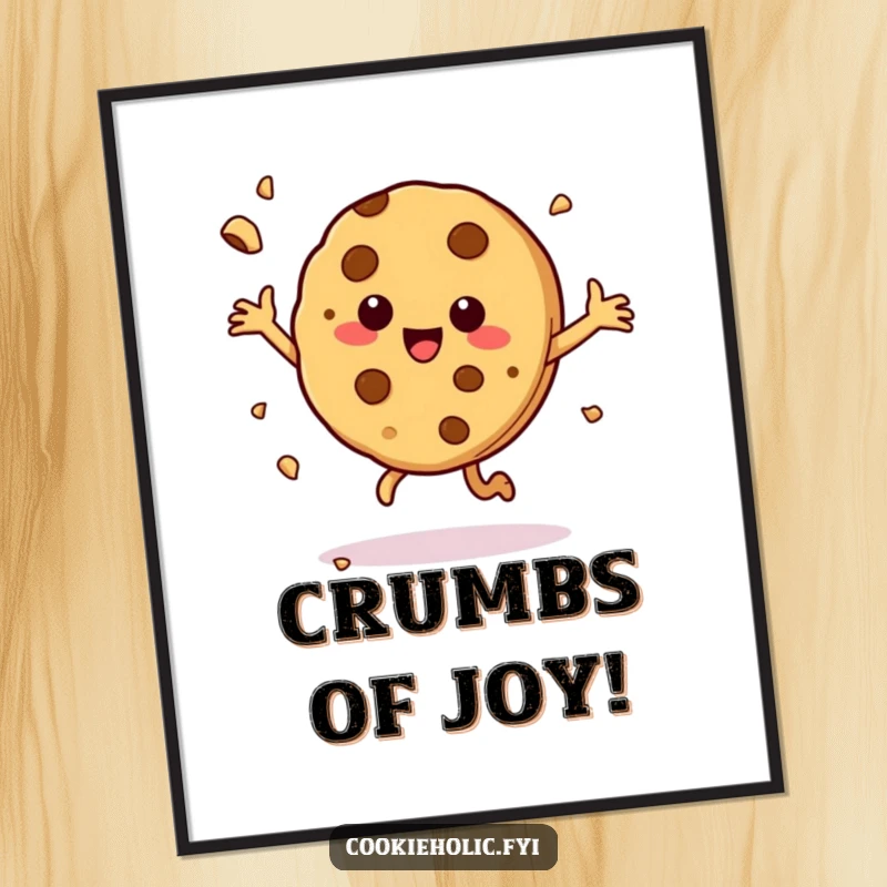 Funny digital art print of a cookie character executing a joyful dance, crumbs flying, radiating happiness.