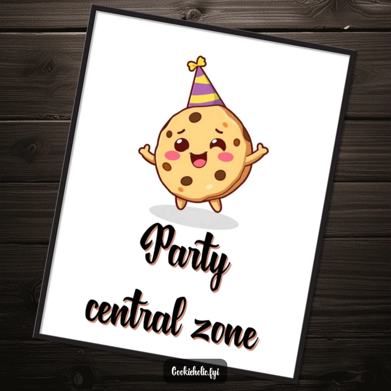 Funny digital art print of a cookie character in a party hat, joyfully spinning with pure celebration.