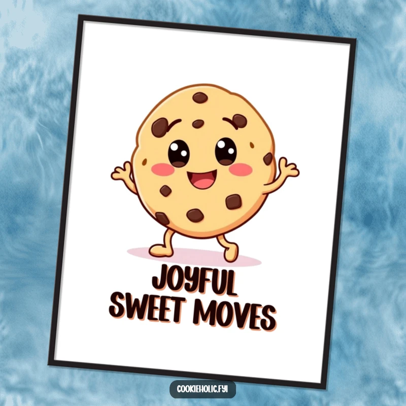 Funny digital art print of a smiling cookie character with chocolate chip eyes, captured mid-happy dance, full of energy.