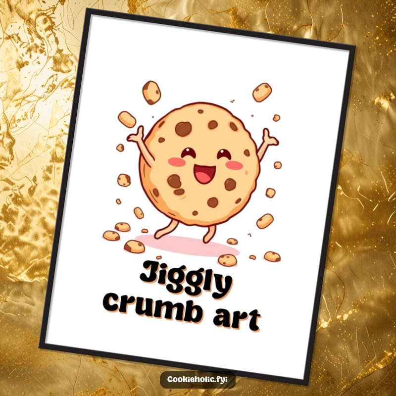 Funny cookie dance digital art print of a happy cookie dancing joyfully and scattering crumbs, vibrant and cheerful.