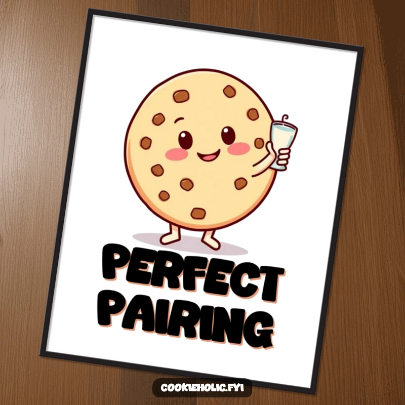 Funny digital art print featuring a round, happy cookie character with a big smile, dancing joyfully with a milk glass, ideal for cheerful decor.