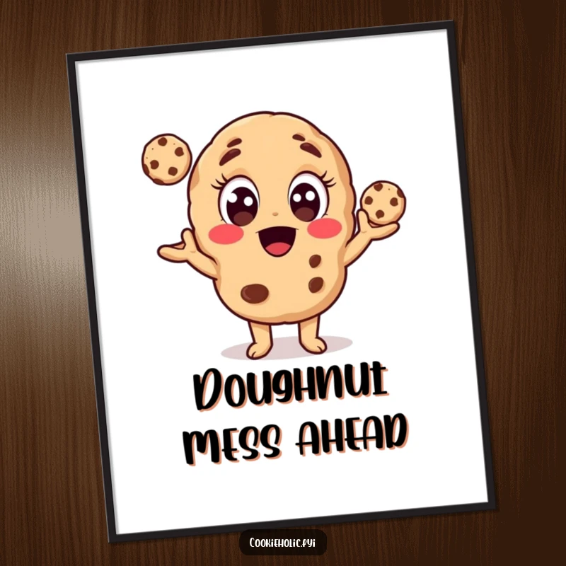 Funny digital art print of a cookie character juggling cookies, perfect for immediate download and display.