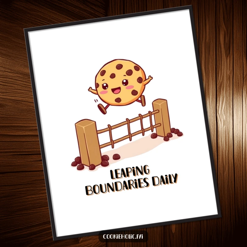 Funny Digital Art Print: A cookie leaps over a fence made of chocolate chips, a dynamic and humorous illustration.