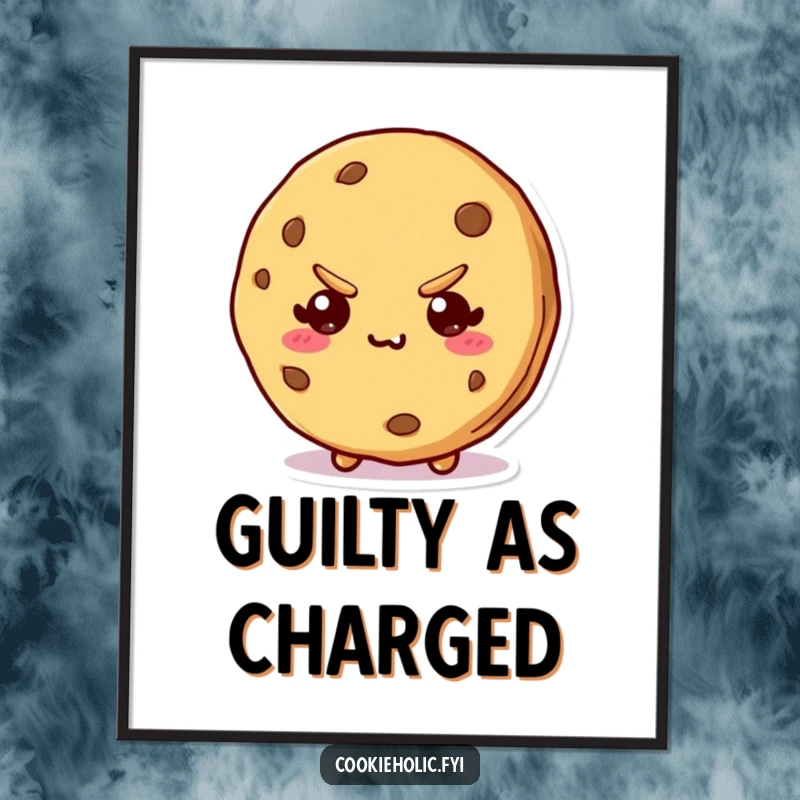 Funny digital art print of a kawaii cookie character with a bite taken out and a mischievous, sly expression, full of personality.
