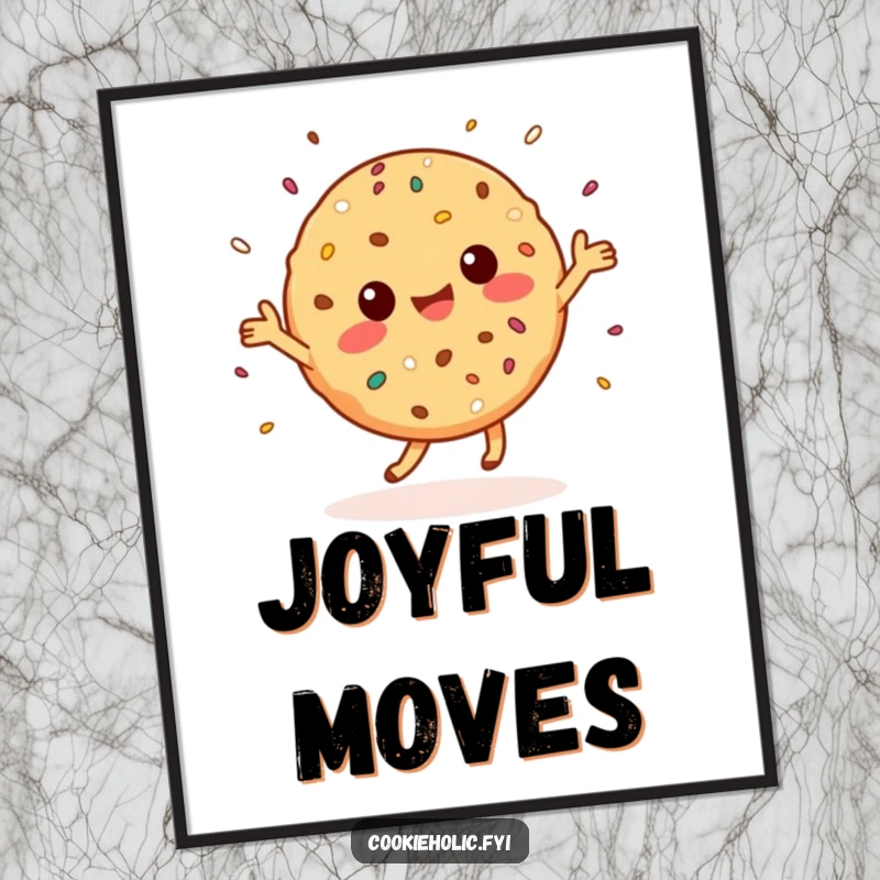 Funny Digital Art: A joyful Kawaii cookie character dances ecstatically, scattering sprinkles, bringing happiness to any room.