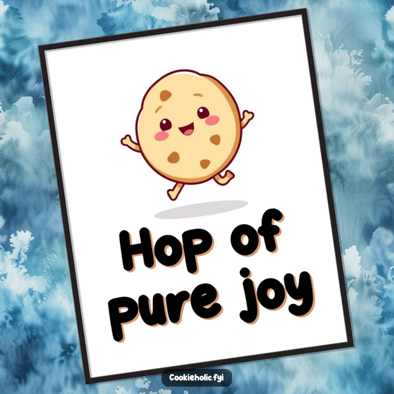 Funny digital art print of a kawaii cookie character joyfully hopping, capturing a moment of pure sweetness and delight.