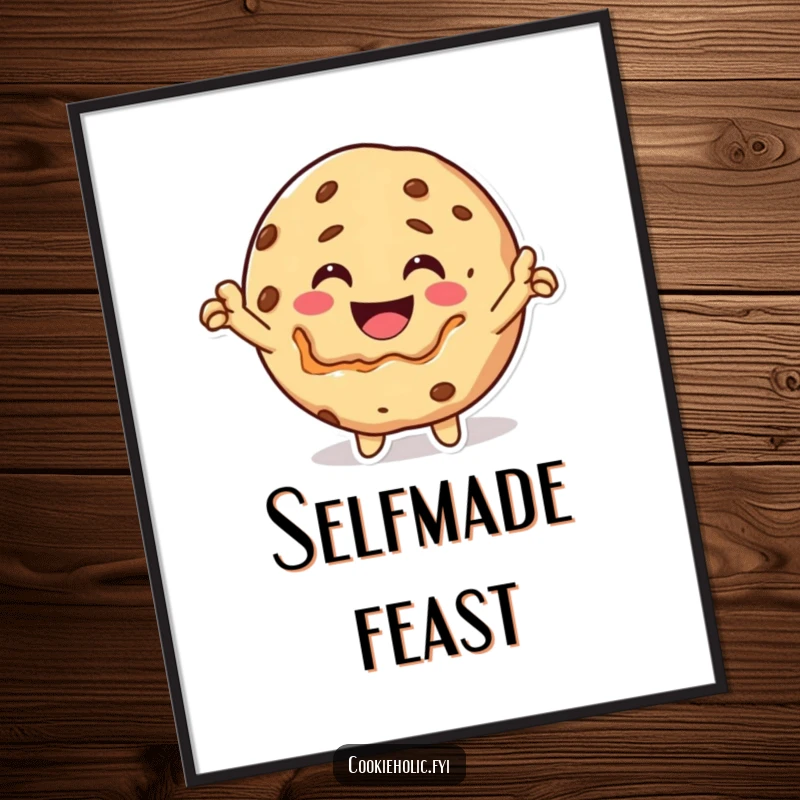 Funny Digital Art: A happy Kawaii cookie character triumphantly bites itself, creating a humorous and memorable image.