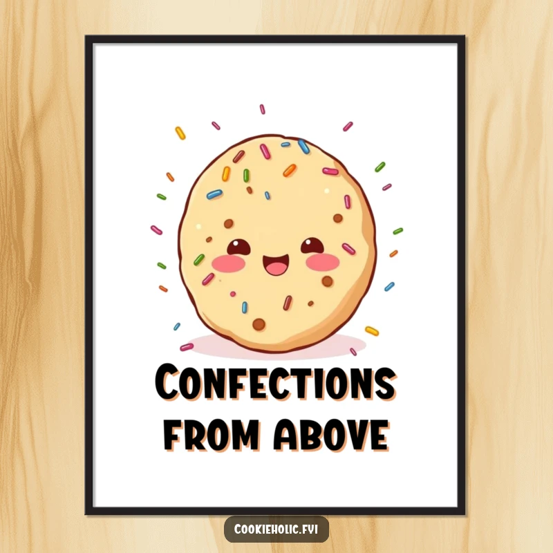 Funny digital art print of a kawaii cookie character joyfully dancing under a delightful rain of colorful sprinkles, radiating pure bliss.