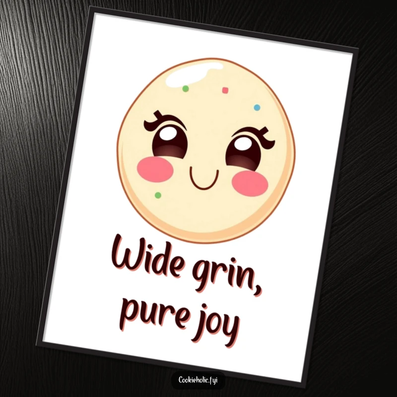 Funny digital art print of a kawaii sugar cookie character with a wide, delighted grin, capturing pure sweetness and joy.