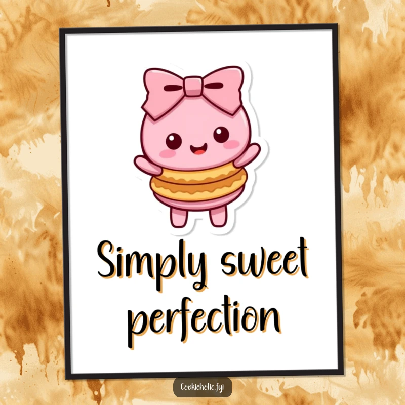 Funny Kawaii macaron character doing a happy bow with stacked cookies, a digital art print for instant cheerful decor.