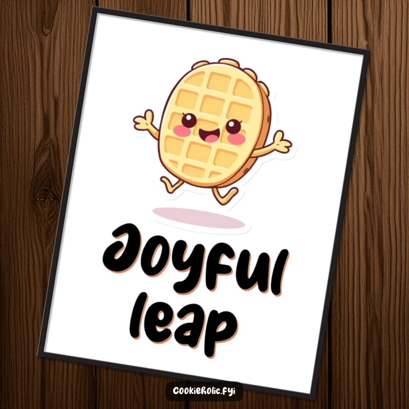 Funny digital art print of a Kawaii waffle cookie character doing a cheerful hop, symbolizing playful energy and humor.
