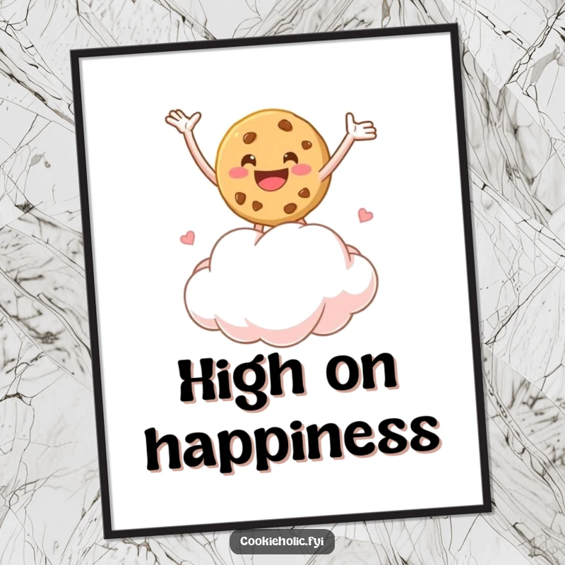 Funny digital art print of a cookie character bouncing on a marshmallow cloud, perfect for immediate download.