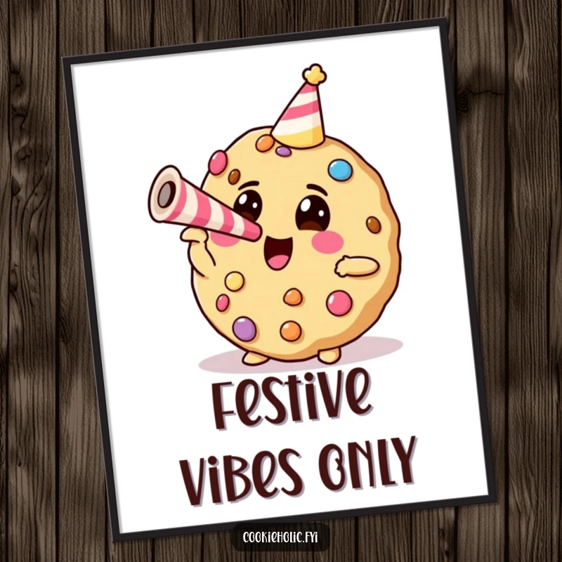 Funny cookie with candy decorations blowing a party horn, available as a high-resolution digital art print for instant festive decor.