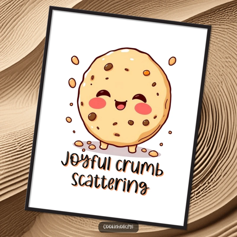 Funny rosy-cheeked cookie digital art print, showcasing a cookie joyfully sprinkling crumbs for instant humorous and sweet wall decor.