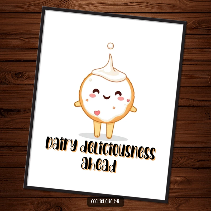 Funny sugar cookie character tiptoeing with a giant milk drop, available as a digital art print, offering instant humorous decor.