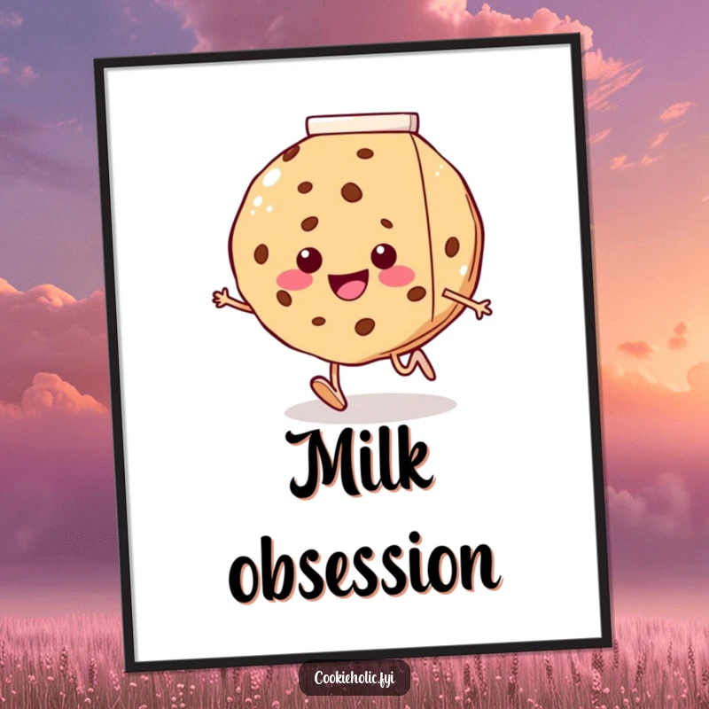Funny digital art print showing a happy cookie with tiny legs running gleefully towards a giant milk carton, adding whimsical decor.
