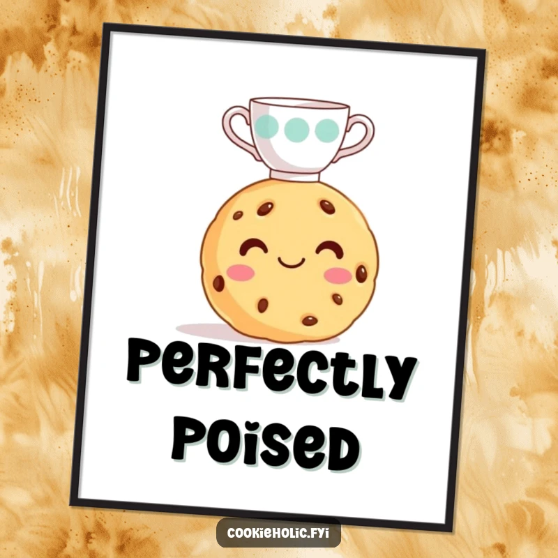 Funny cookie teacup digital art print, a cookie balancing a teacup, for instant whimsical decor.