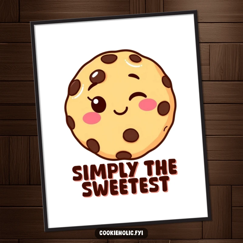 Funny winking chocolate chip cookie digital art print, showcasing a cheerful cookie with a playful wink for instant humorous wall decor.