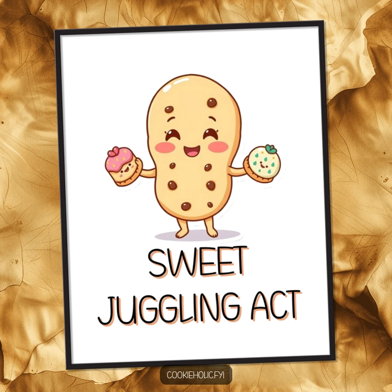 Funny digital art print: A smiling cookie character juggles three smaller, decorated cookies, embodying impressive dexterity.