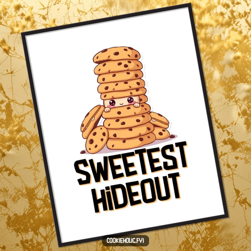 Funny cookie character peeking from behind a towering stack of cookies as digital wall art.