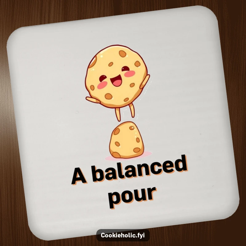 Funny cookie character drink coaster, featuring a cookie balancing with pure delight, protecting surfaces with humor.
