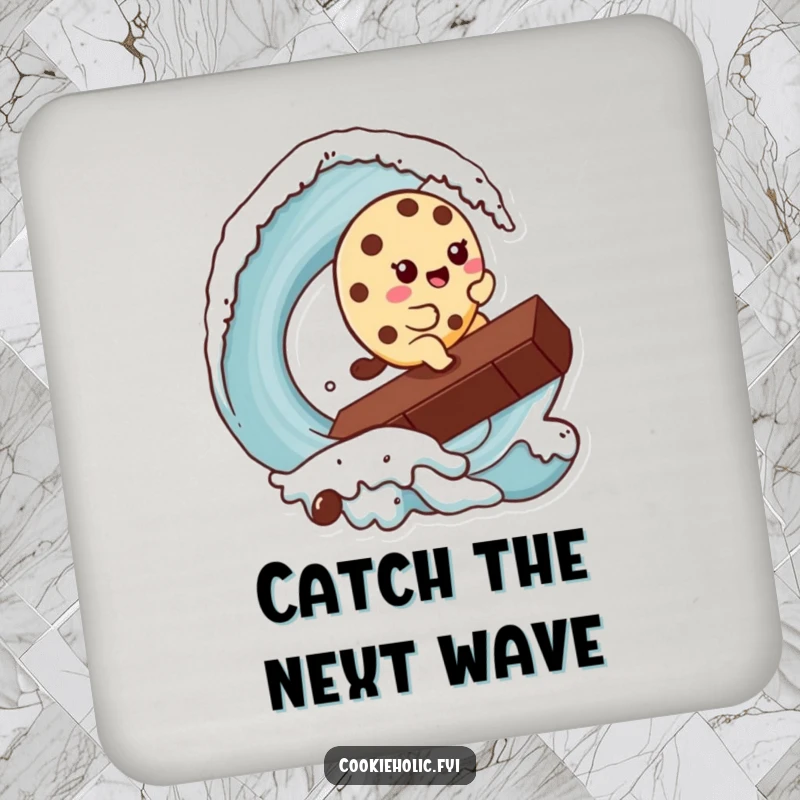 Funny Kawaii cookie character riding a giant chocolate chip wave, protecting a surface, on a humorous drink coaster.