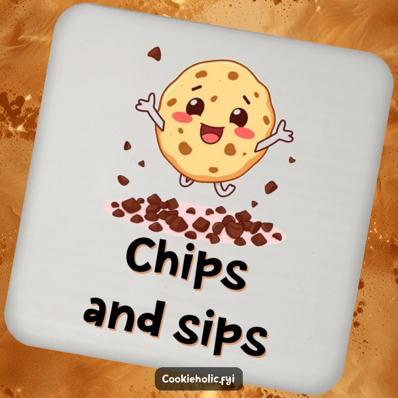Funny drink coaster featuring a cookie character scattering chocolate chips with glee in a dynamic leap.
