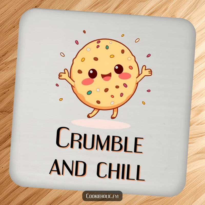 Funny Coaster: A joyful Kawaii cookie character dances, scattering sprinkles to protect your tables.