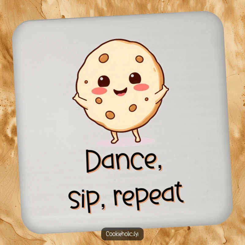 Funny cookie with a happy expression doing a little shimmy dance, serving as a humorous and protective drink coaster.