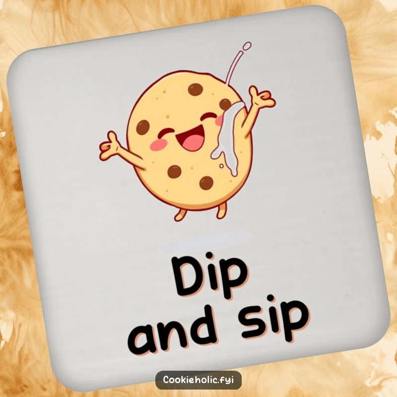 Funny cheerful cookie coasters, featuring a cookie leaping with delight after a milk dunk, perfect for humorous protection of surfaces.