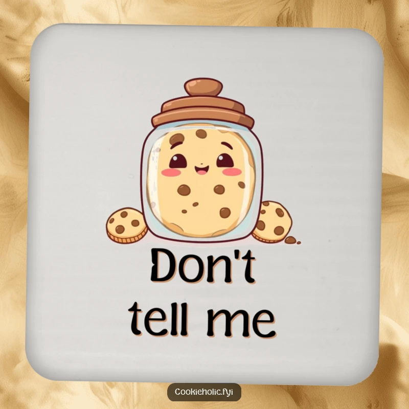 Funny coaster with a cookie's mischievous grin peeking from behind a cookie jar, protecting surfaces with a dose of humor.