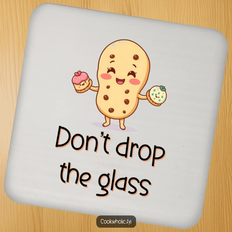 Funny drink coaster: A smiling cookie character juggles three smaller, decorated cookies, representing impressive skill.