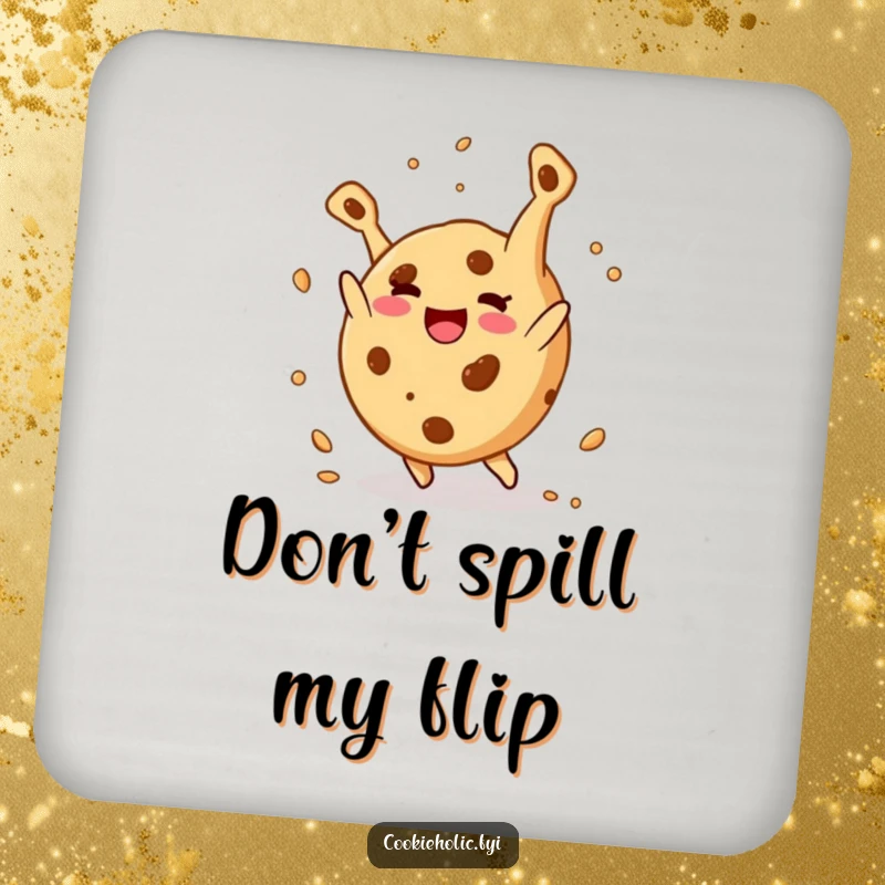Funny drink coaster: A round cookie character happily does a somersault with crumbs flying, representing pure joy.