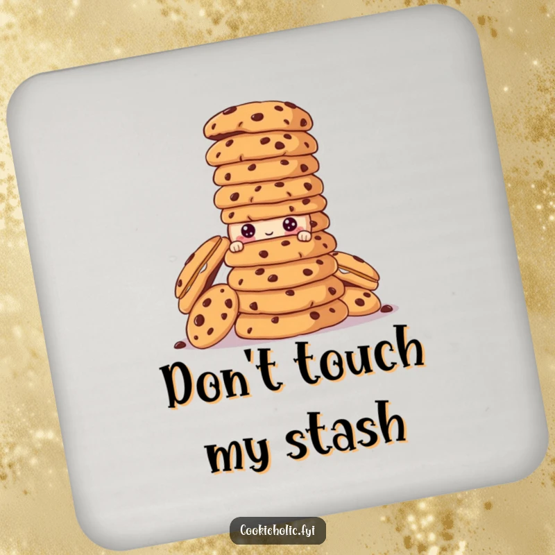 Funny cookie character peeking from behind a towering stack of cookies on a protective drink coaster.