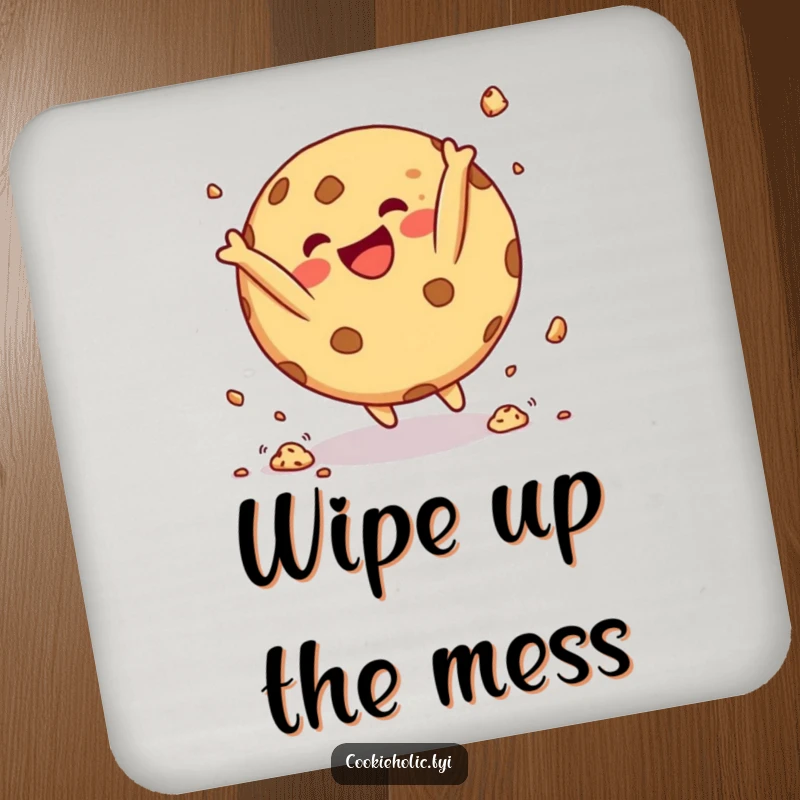 Funny Drink Coaster with a round cookie character doing a happy somersault with crumbs flying, adding a humorous touch to surface protection.