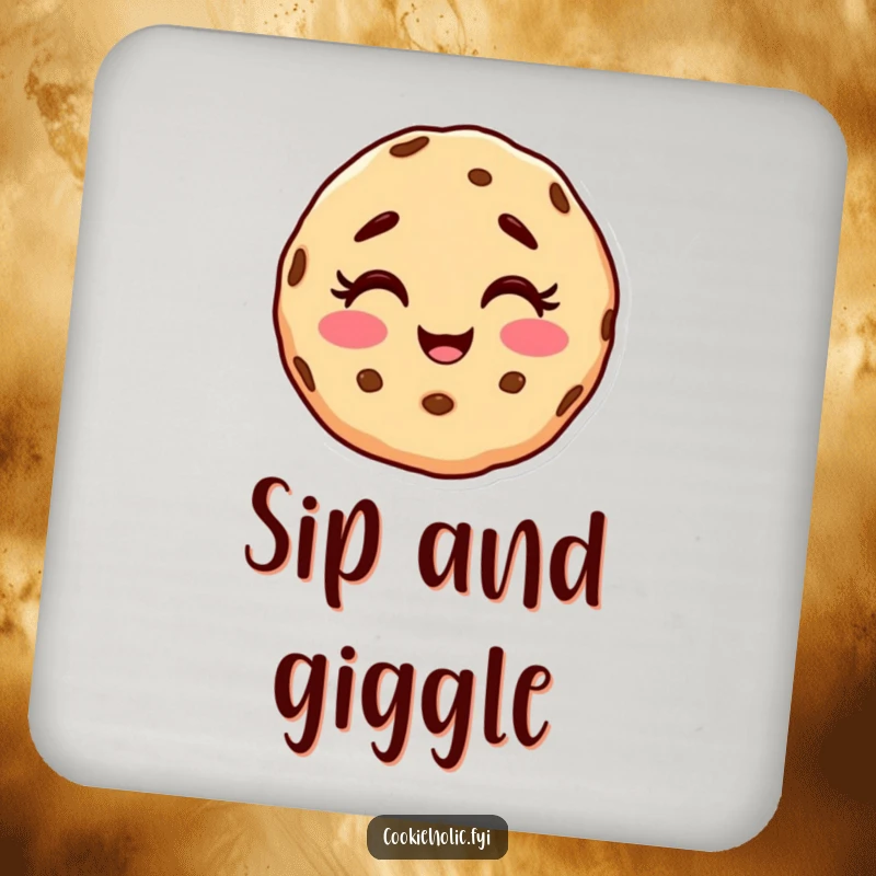 Funny drink coaster featuring a cookie character with a happy, slightly messy face, caught mid-giggle.