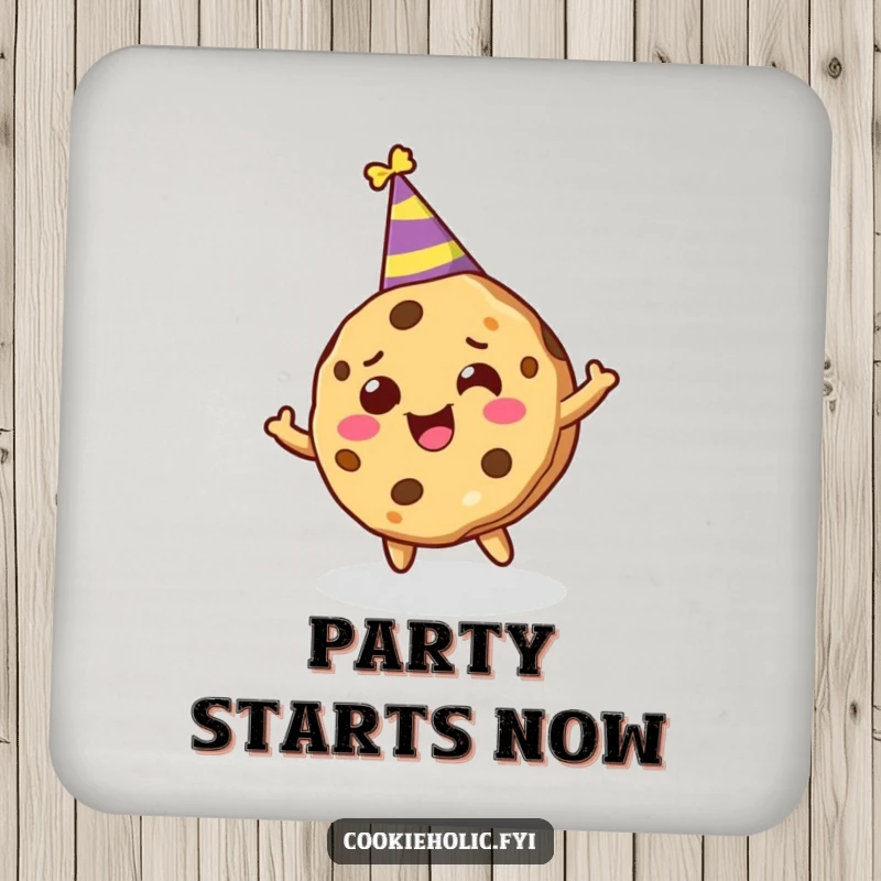 Funny drink coaster featuring a cookie character wearing a party hat, joyfully spinning around.