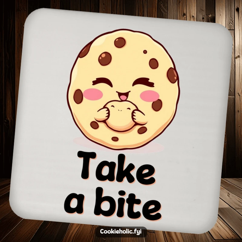 Funny drink coaster featuring a cookie character winking and offering a perfect bite.