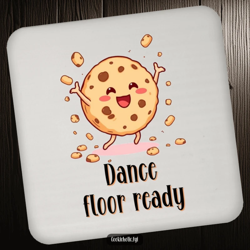 Funny cookie dance drink coaster depicting a cheerful cookie dancing and scattering crumbs, protecting surfaces with humor.