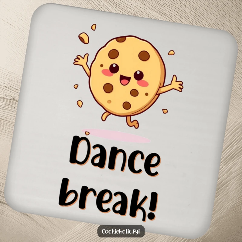 Funny drink coaster showcasing a cookie character dancing joyfully, crumbs flying, adding humor to your table.