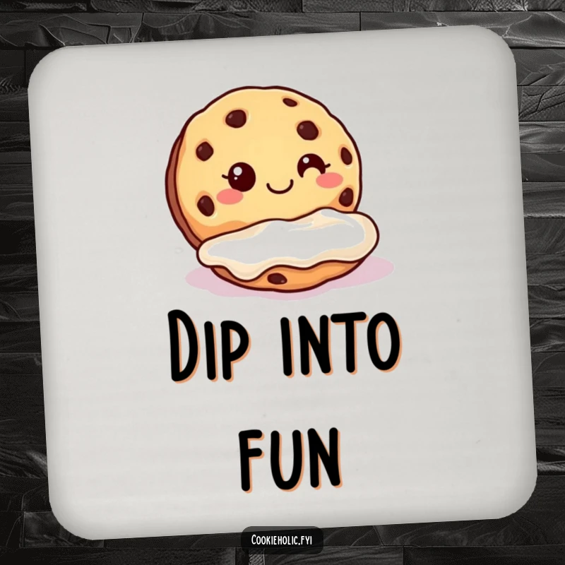 Funny cookie frosting drink coaster depicting a cookie with a grin dunking into a pool of frosting.