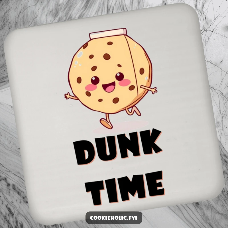 Funny drink coasters depicting a smiling cookie with tiny legs running towards a giant milk carton, adding humor to your tabletop.