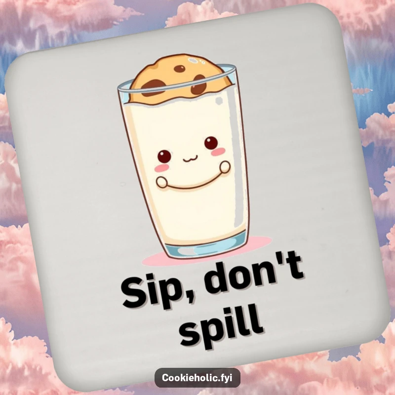 Funny cookie peek drink coaster depicting a mischievous cookie hiding behind a large milk glass, protecting surfaces.