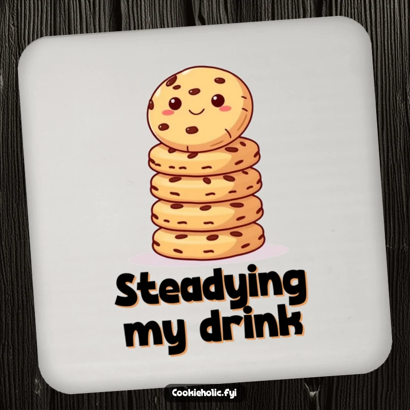 Funny Coaster: A cookie balancing on a stack of cookies, protecting surfaces with sweet, humorous charm.
