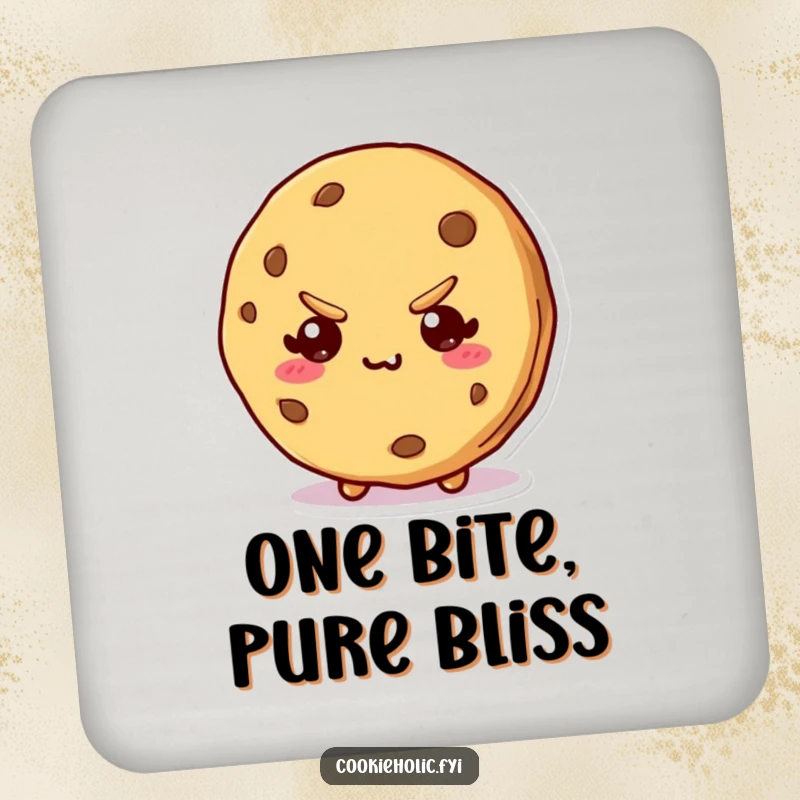 Funny drink coasters with a kawaii cookie character showing a bite mark and a mischievous expression, offering stylish protection.