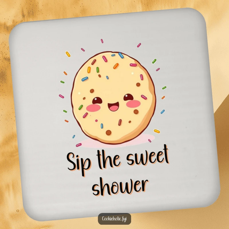 Funny drink coasters showcasing a kawaii cookie character joyfully under a cascade of colorful sprinkles, adding sweet protection.