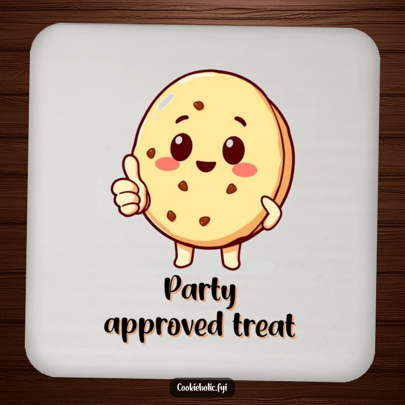 Funny delighted kawaii cookie character giving a thumbs-up, set of coasters for drink protection, cute and funny gift.
